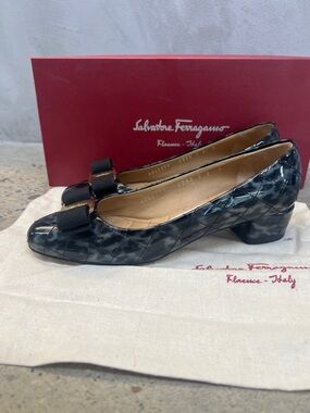 Salvatore Ferragamo Quilted Patent Low Block Heel Pumps